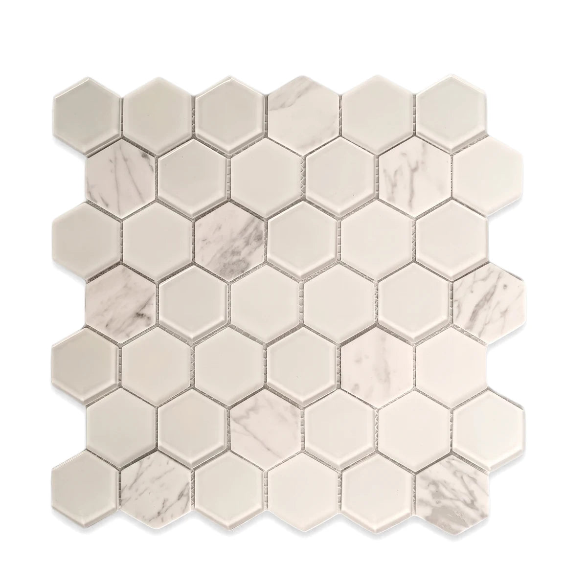 Salton Medium Hexagon Mosaic Tile, featuring a mix of white and marble-patterned hexagonal tiles arranged in a sheet.