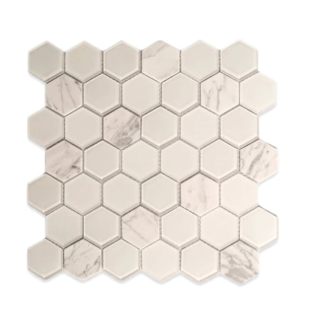 Salton Medium Hexagon Mosaic Tile, featuring a mix of white and marble-patterned hexagonal tiles arranged in a sheet.