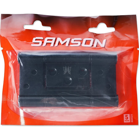 A black Samson 100mm aluminum flush hinge in clear and orange plastic retail packaging, viewed from the front.