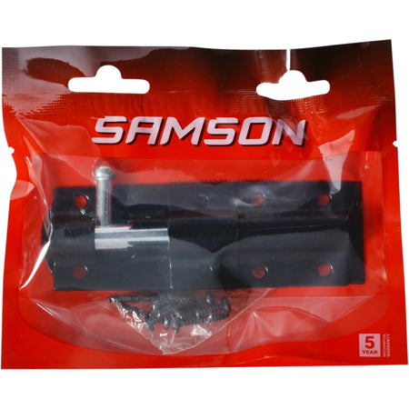Samson 100mm black steel bolt latch in clear packaging with red backing, including mounting screws.