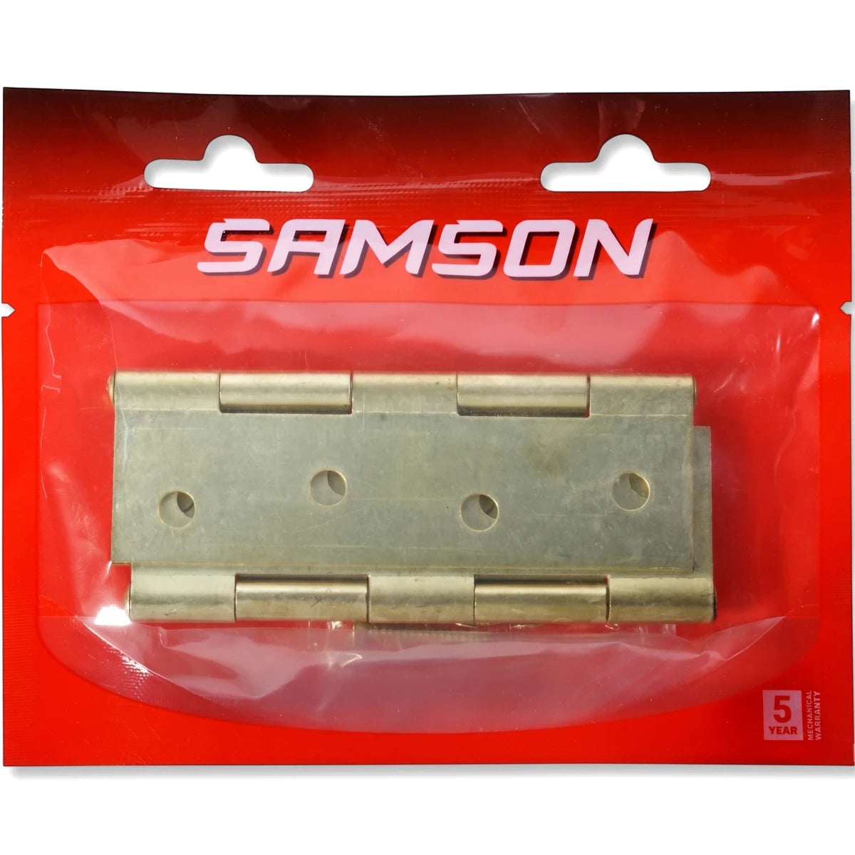 Samson 100mm brass butt hinges displayed in red retail packaging with a clear front, ready for installation.