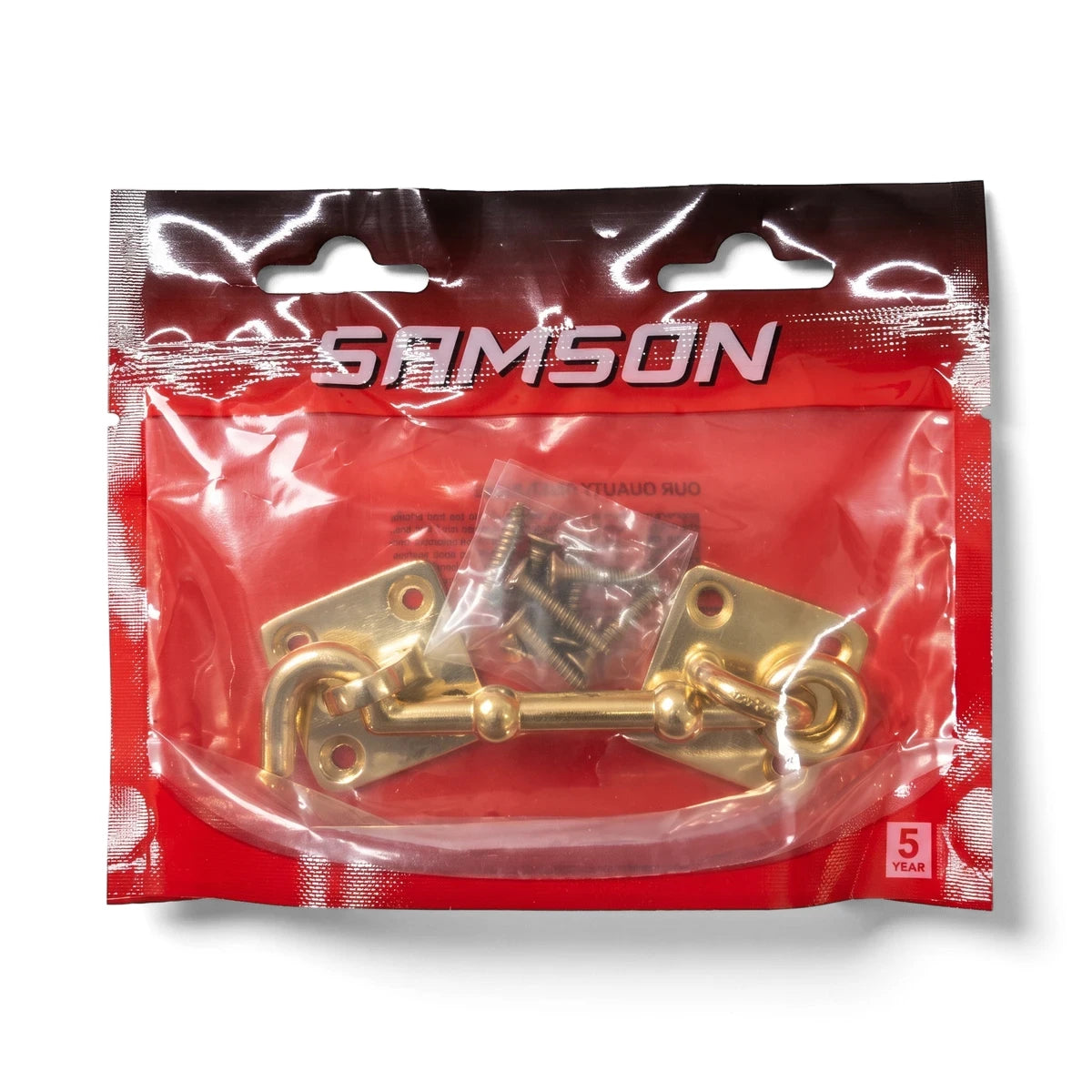 Samson 100mm brass cabin hook with two plates and screws, packaged in clear plastic with a red backing card.