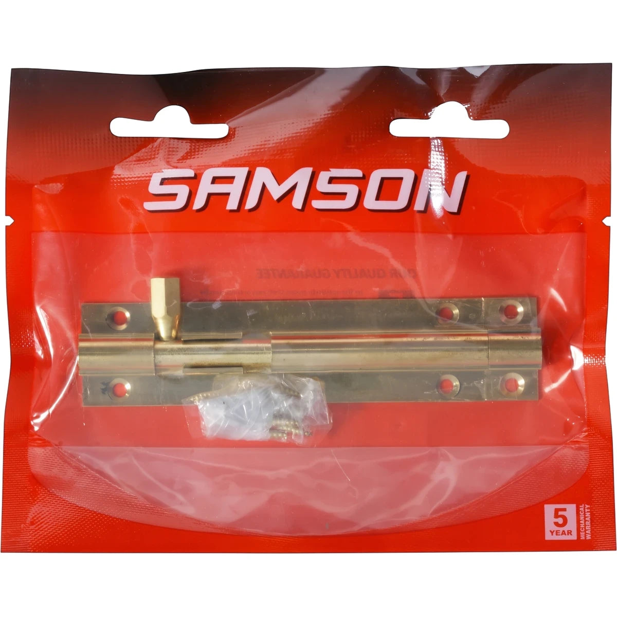Samson 100mm brass straight barrel bolt in clear and red packaging for locks and latches.