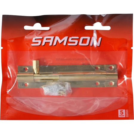 Samson 100mm brass straight barrel bolt in clear and red packaging for locks and latches.
