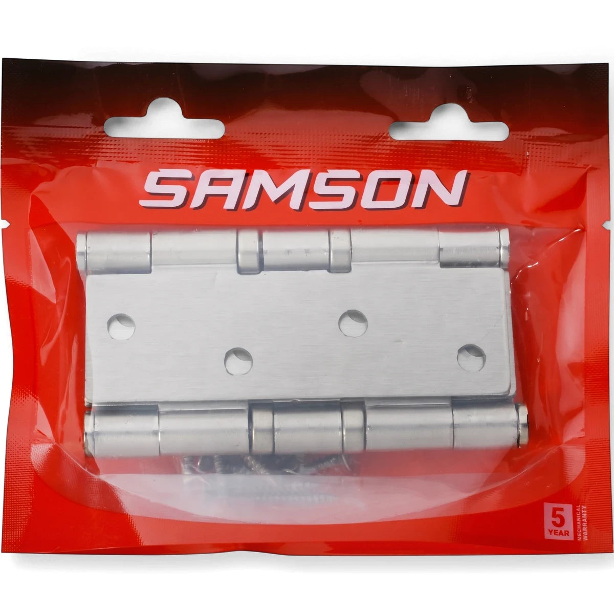 A pair of Samson 100mm brushed stainless steel flush hinges, displayed in clear and red retail packaging.