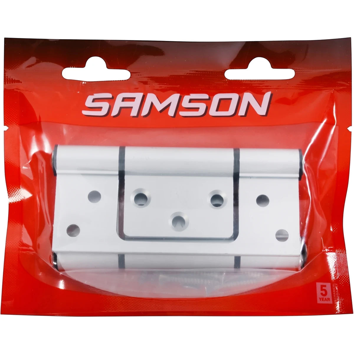 Samson 100mm butt hinge, silver aluminum, in red and clear plastic packaging, featuring screw holes and a 5-year warranty