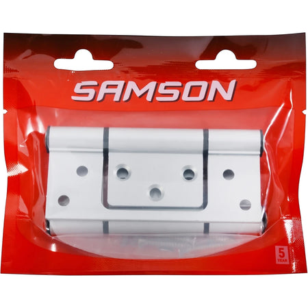 Samson 100mm butt hinge, silver aluminum, in red and clear plastic packaging, featuring screw holes and a 5-year warranty