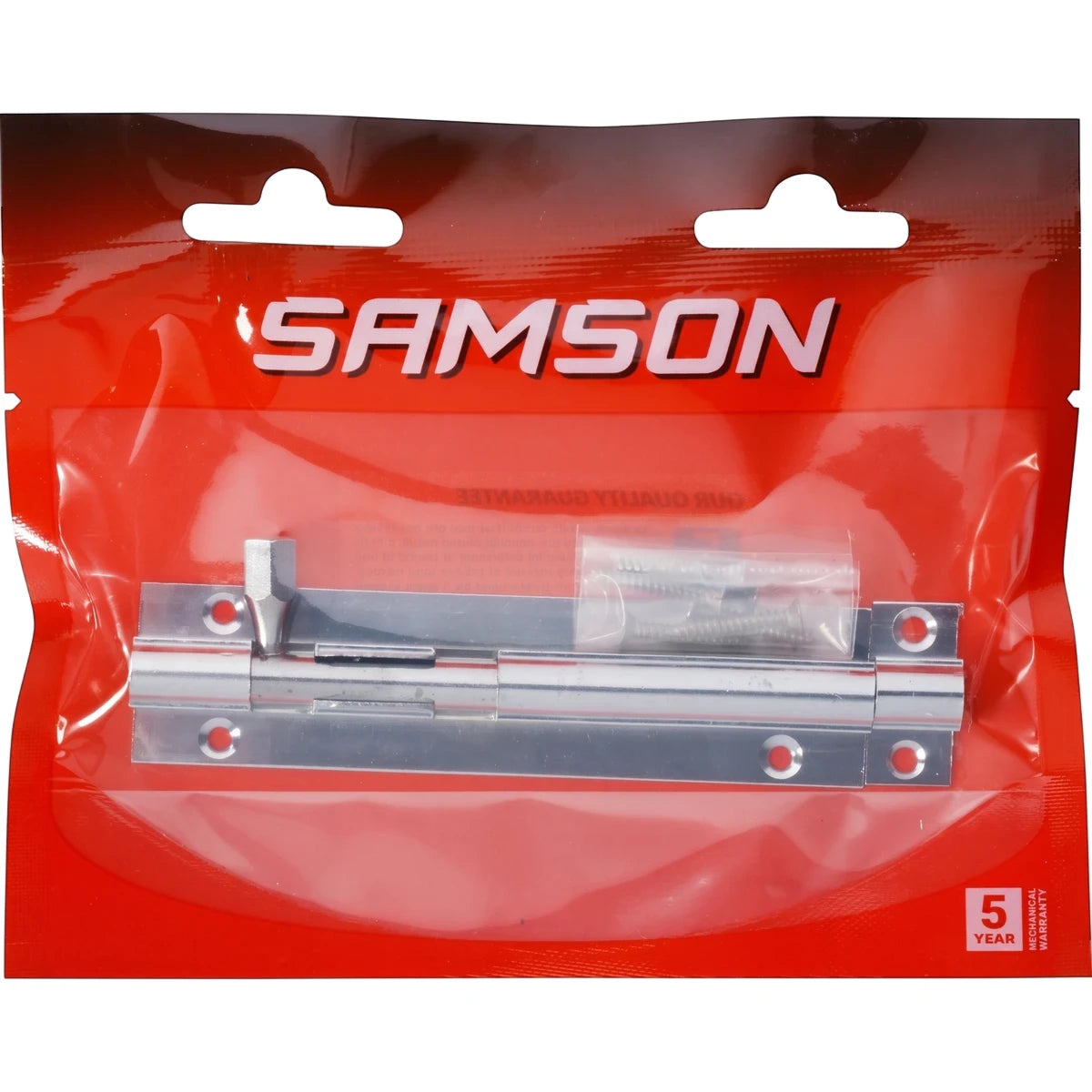 Samson 100mm chrome-plated straight brass bolt lock in vibrant red retail packaging, displaying brand and warranty