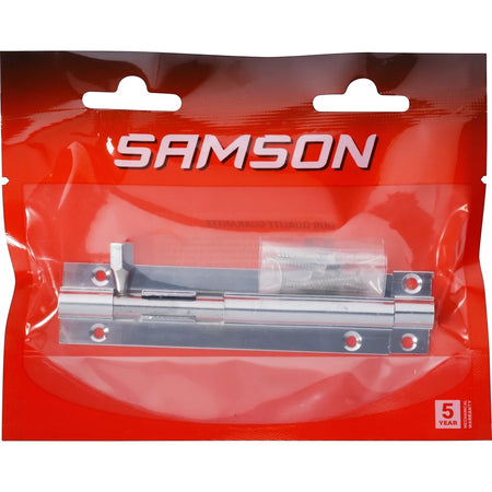 Samson 100mm chrome-plated straight brass bolt lock in vibrant red retail packaging, displaying brand and warranty
