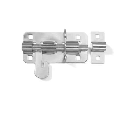 Samson 100mm galvanized steel barrel bolt lock with a U-shaped latch and separate receiver, shown from the front.