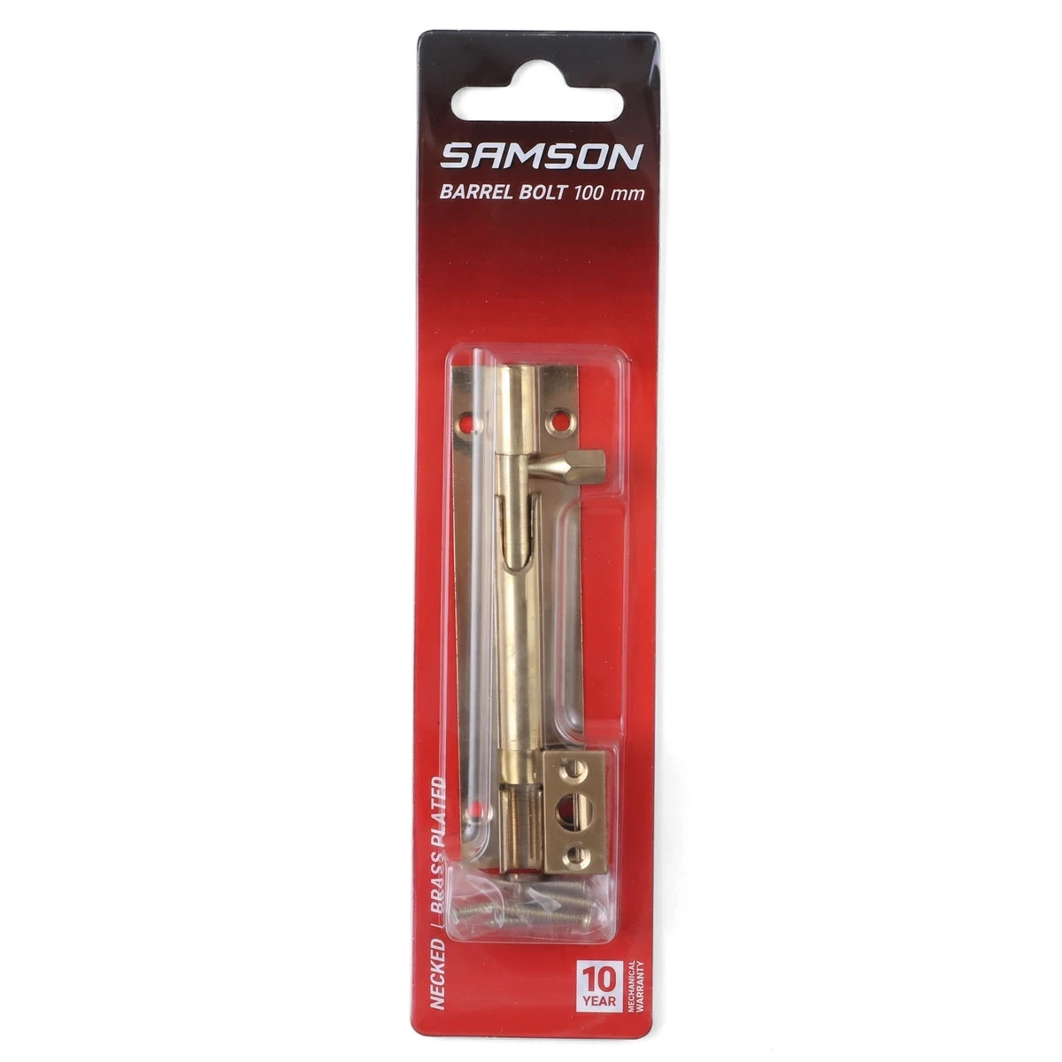 Samson 100mm necked brass plated barrel bolt, designed for security, displayed vertically in its red and white retail