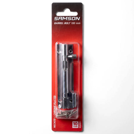 Samson 100mm necked chrome plated barrel bolt in red and black retail packaging, displaying the lock and screws.