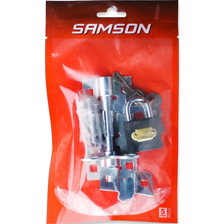 Samson 100 mm Padbolt and 32 mm Grey Iron Padlock set, packaged in red plastic with keys, for security and home improvement.