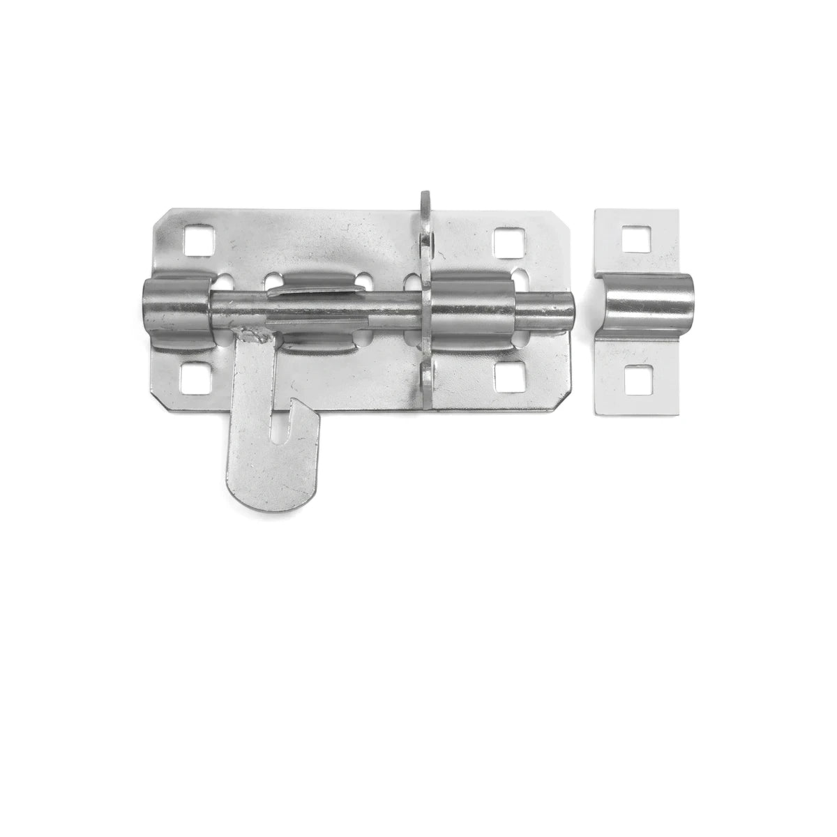 Silver zinc-plated Samson 100mm pad bolt for doors and gates, featuring a sliding mechanism and padlock staple for security.