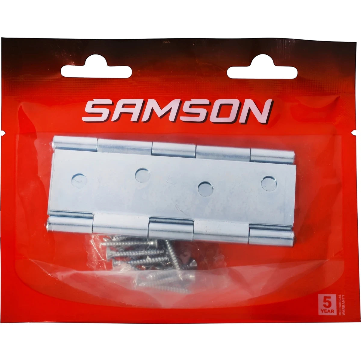 Samson 100mm zinc-plated steel butt hinges with screws in clear and red retail packaging.