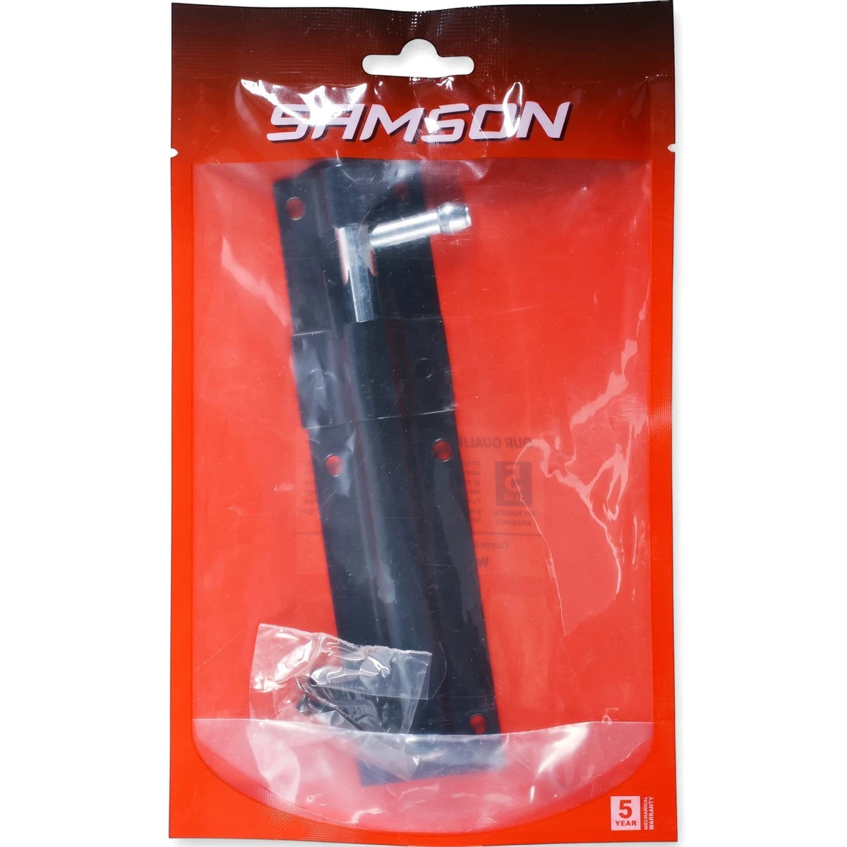 Samson 150mm black steel bolt latch in a clear red plastic package with a '5 YEAR' warranty sticker.