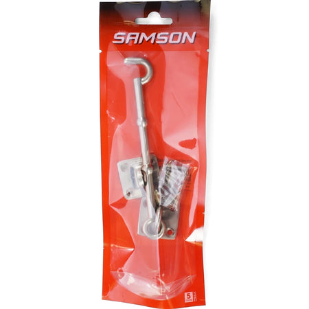 Samson 150mm metallic cabin hook and latch set, including mounting plates and screws, displayed in clear and red retail