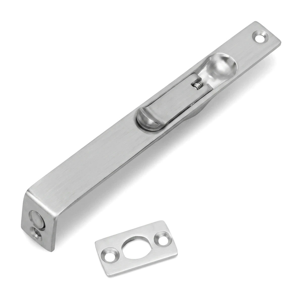 Samson 150mm satin nickel flush bolt with strike plate, silver metallic finish for doors, angled view.