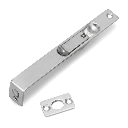 Samson 150mm satin nickel flush bolt with strike plate, silver metallic finish for doors, angled view.