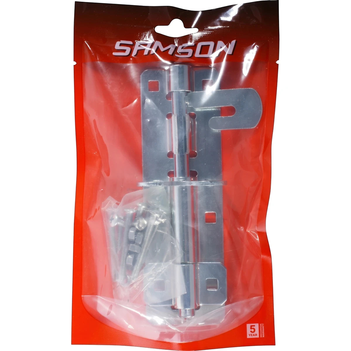 Samson 150mm Zp padbolt, a metallic silver heavy-duty gate or shed bolt, packaged with mounting screws and a catch plate.