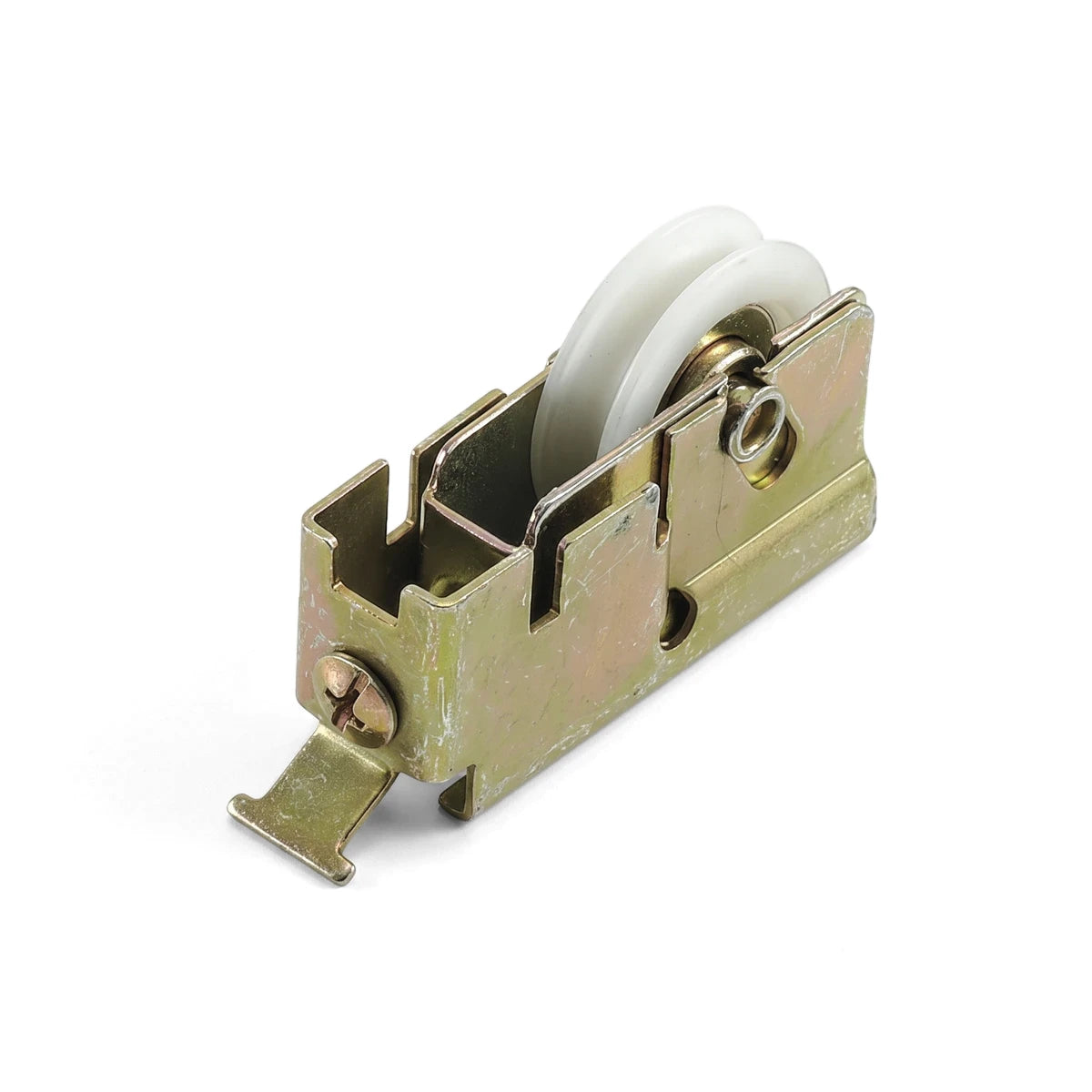 Samson 15mm YZP door roller, featuring a gold-colored metal housing and white plastic wheel for smooth operation.