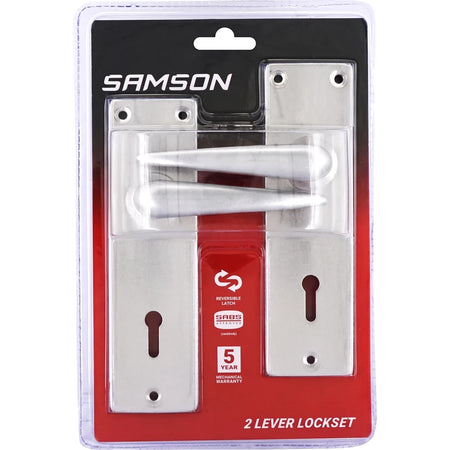 Samson 2 lever silver coated lockset with 6-inch handles, packaged in clear plastic on a black and red card.