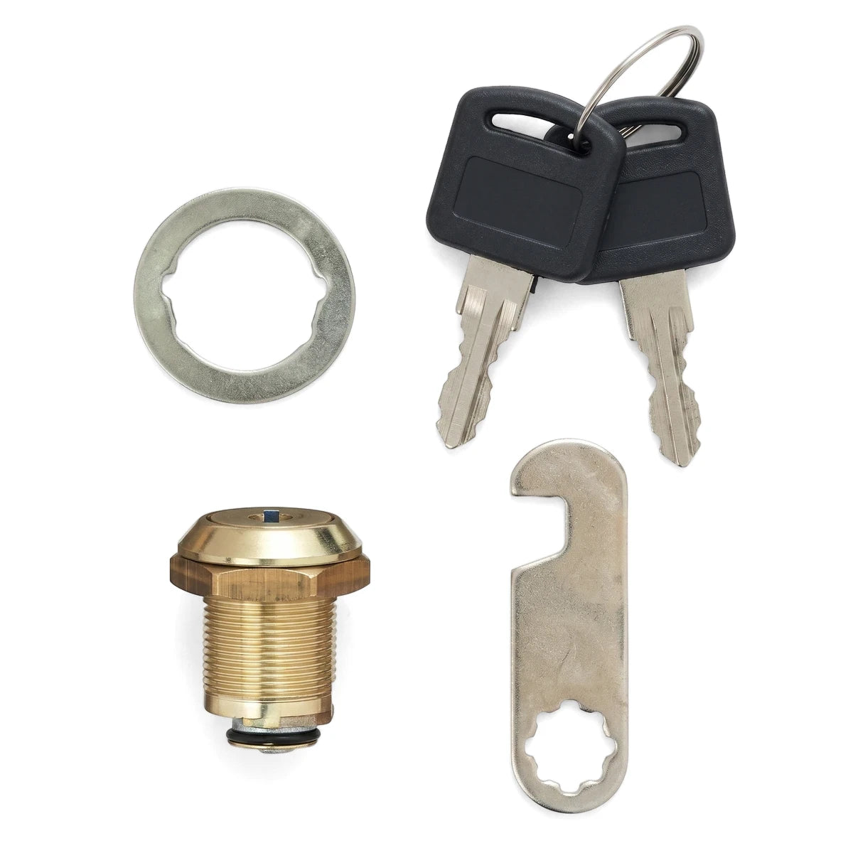 Samson 20mm lock cam kit with two black keys, a brass cylinder, silver washer, and metal cam for secure latches.