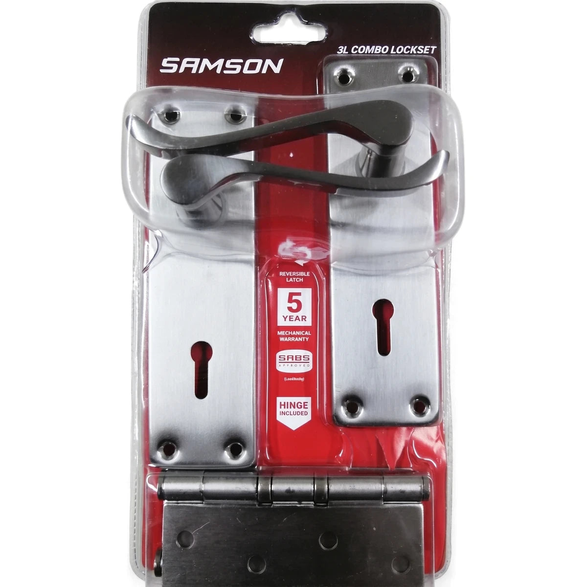 Samson 3 Lever Lockset Victorian Scroll with black handles and brushed metal components in retail packaging, includes hinge.