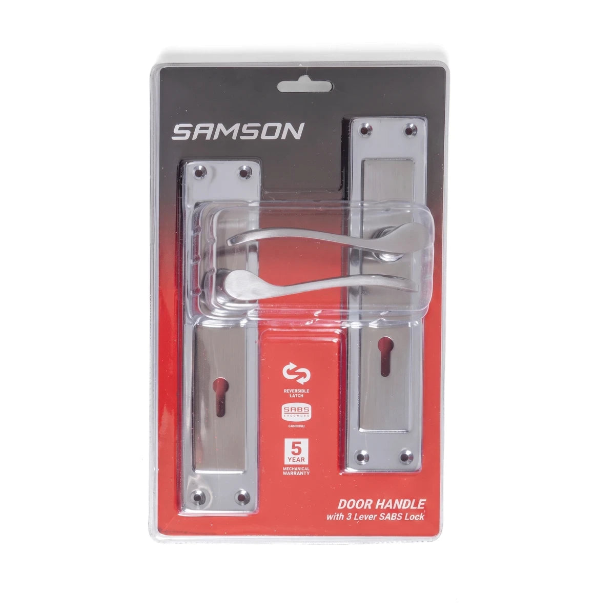 Samson 3-lever SABS door handle lockset in chrome finish, displayed in its clear blister packaging on a white background.