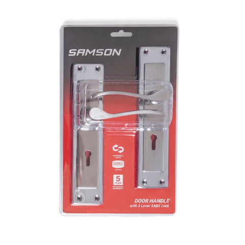 Samson 3-lever SABS door handle lockset in chrome finish, displayed in its clear blister packaging on a white background.