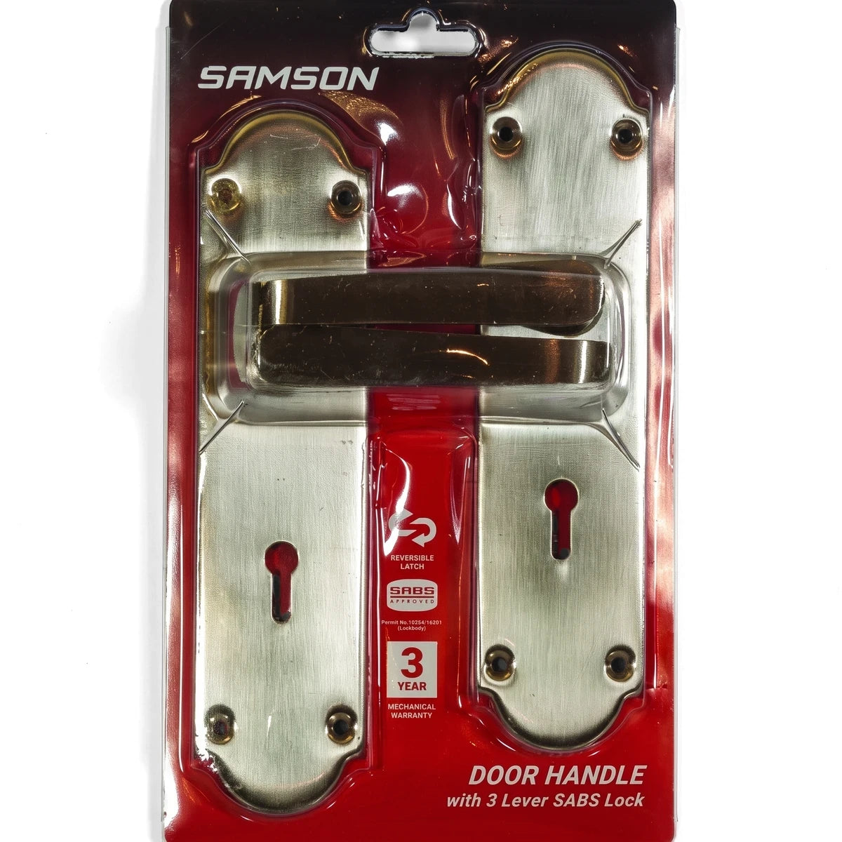 Samson 3 Lever SABS lockset and door handle in brass-toned finish, displayed in its red and black retail packaging.