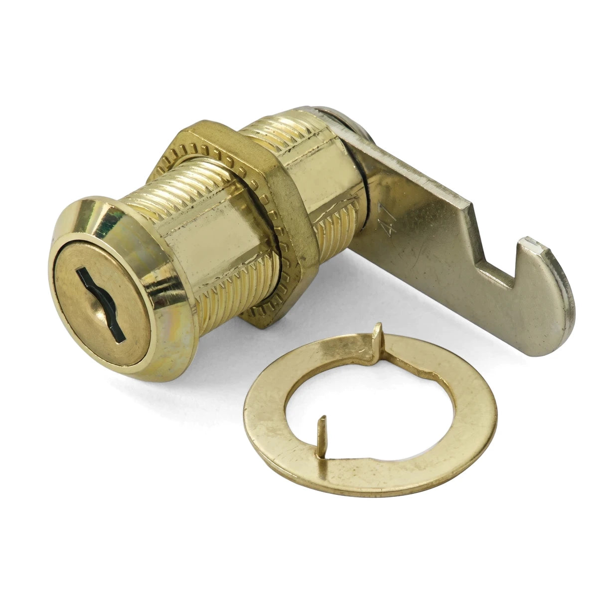 Samson 30mm brass cam lock with a keyhole, cam arm, and a separate washer for secure fastening.