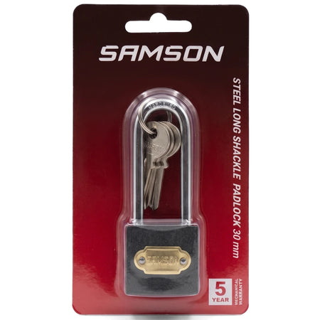 Samson 30mm brass padlock with long steel shackle and three keys, presented in red and black blister packaging.