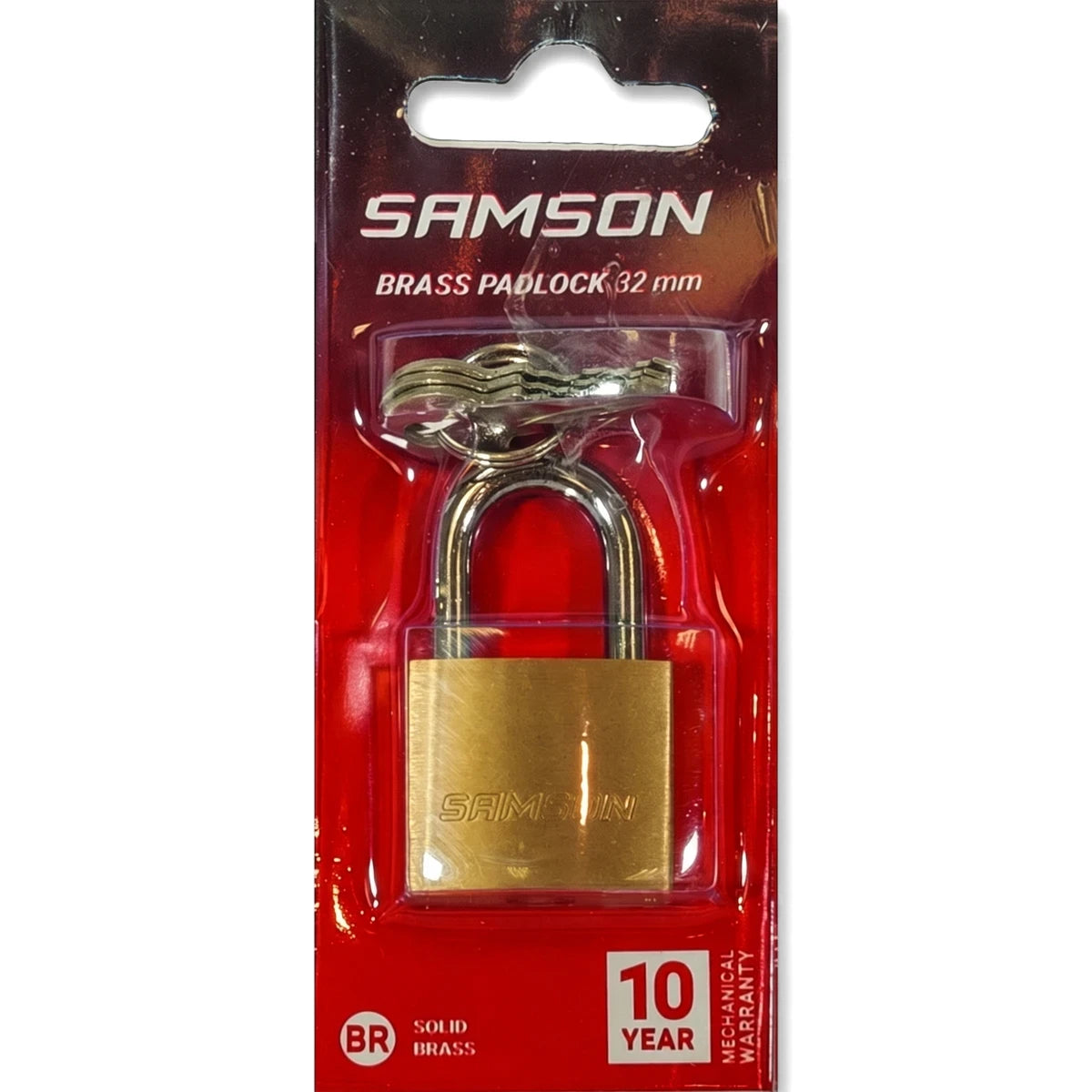 Samson 32mm brass padlock with keys, packaged in a clear blister pack on a red and black card.