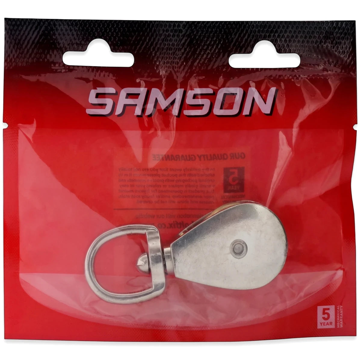 Samson 32mm single pulley swivel, metallic silver, in clear and red plastic retail packaging with a D-ring and brand logo.