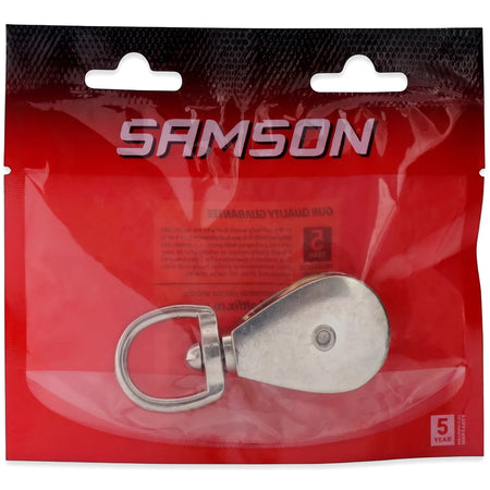 Samson 32mm single pulley swivel, metallic silver, in clear and red plastic retail packaging with a D-ring and brand logo.