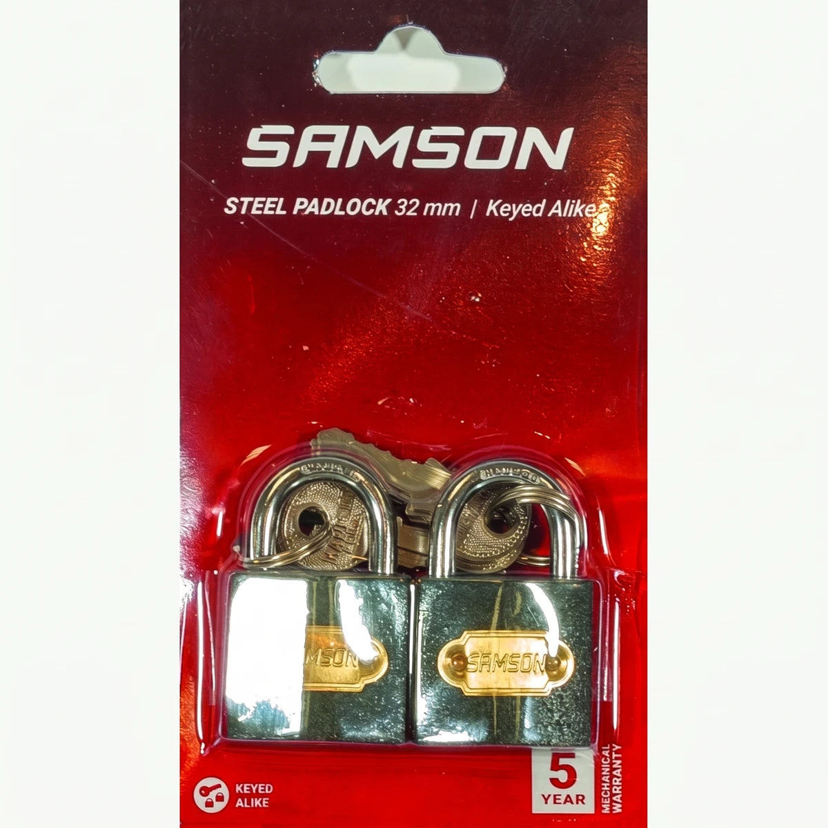 Two Samson 32mm steel padlocks, keyed alike, displayed in a red and clear blister pack with visible branding.
