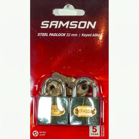 Two Samson 32mm steel padlocks, keyed alike, displayed in a red and clear blister pack with visible branding.
