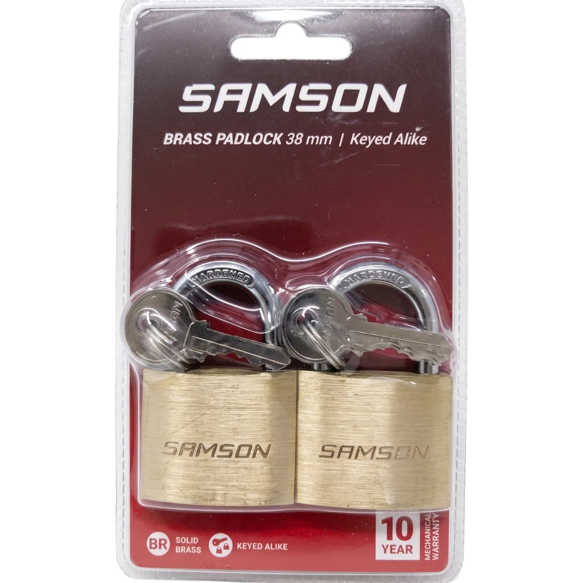 Two Samson 38mm brass padlocks, keyed alike, displayed together in their retail packaging. The sturdy solid brass