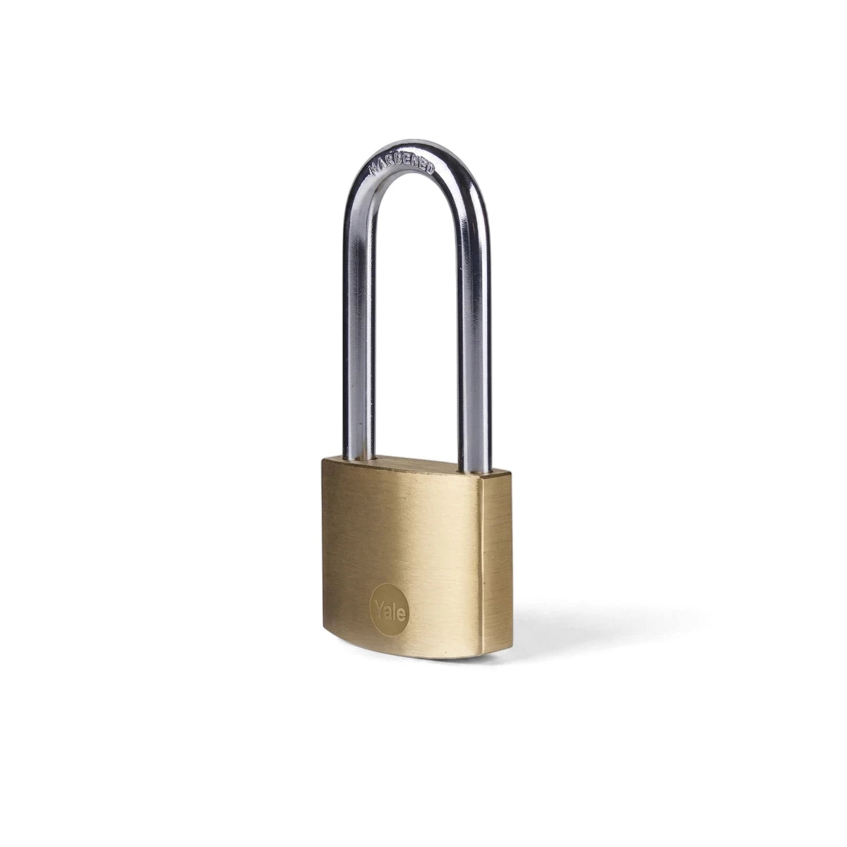 Samson 40mm long shackle brass padlock, front view, featuring a golden body and hardened silver shackle.