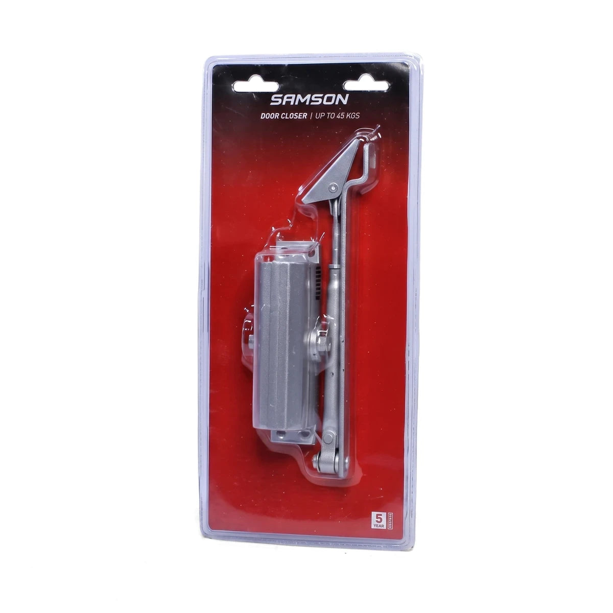 Samson 45Kg door closer in silver finish, packaged in clear blister pack with red backing.