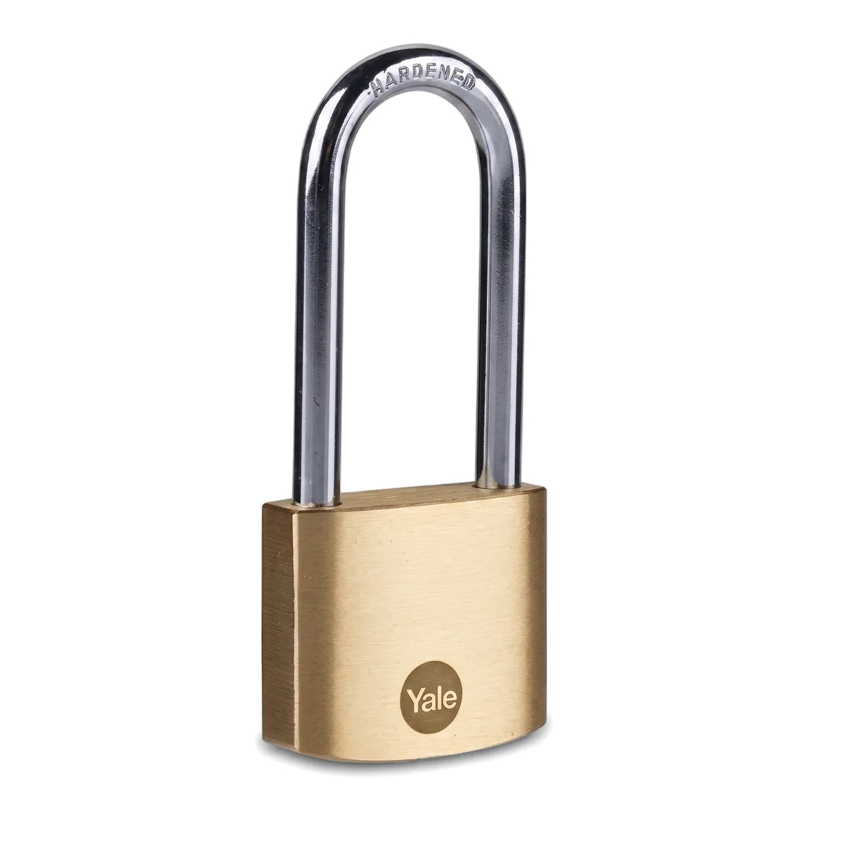 Samson 50mm brass padlock with a long hardened steel shackle, featuring the Yale logo, for enhanced security.