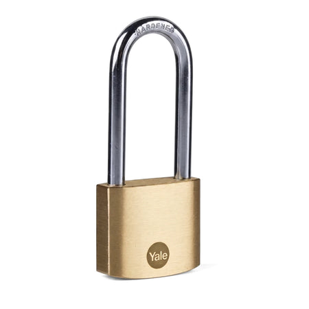 A Samson 50mm brass padlock with a long hardened steel shackle and a visible Yale logo, presented vertically.