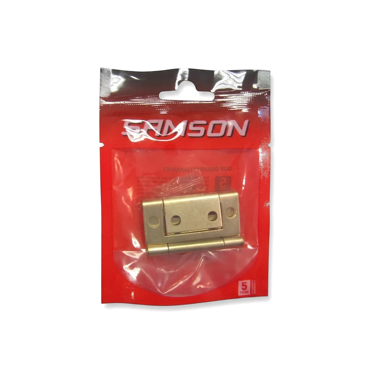 Samson 50mm flush hinge, brass-plated and packaged in red plastic, visible from a front view.