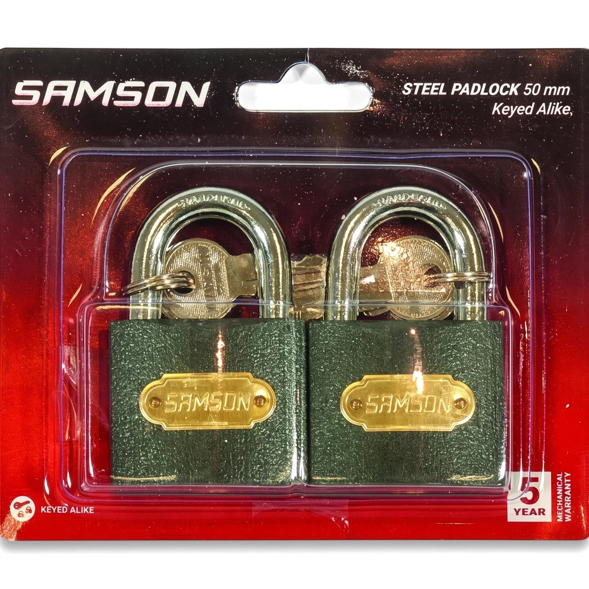 Two Samson 50mm steel padlocks, keyed alike, in green and silver, displayed together in a clear blister pack.