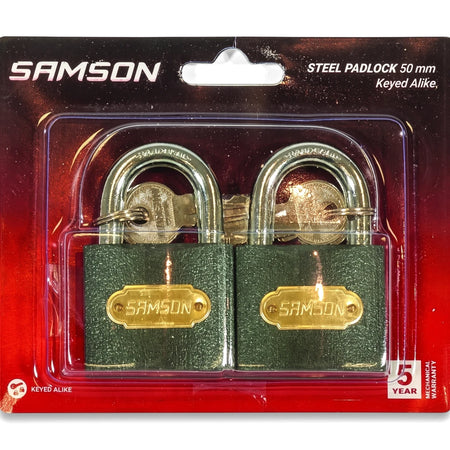Two Samson 50mm steel padlocks, keyed alike, in green and silver, displayed together in a clear blister pack.