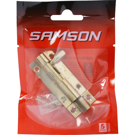 Samson 50mm straight brass bolt latch in clear and red packaging with visible mounting screws for secure fitting.