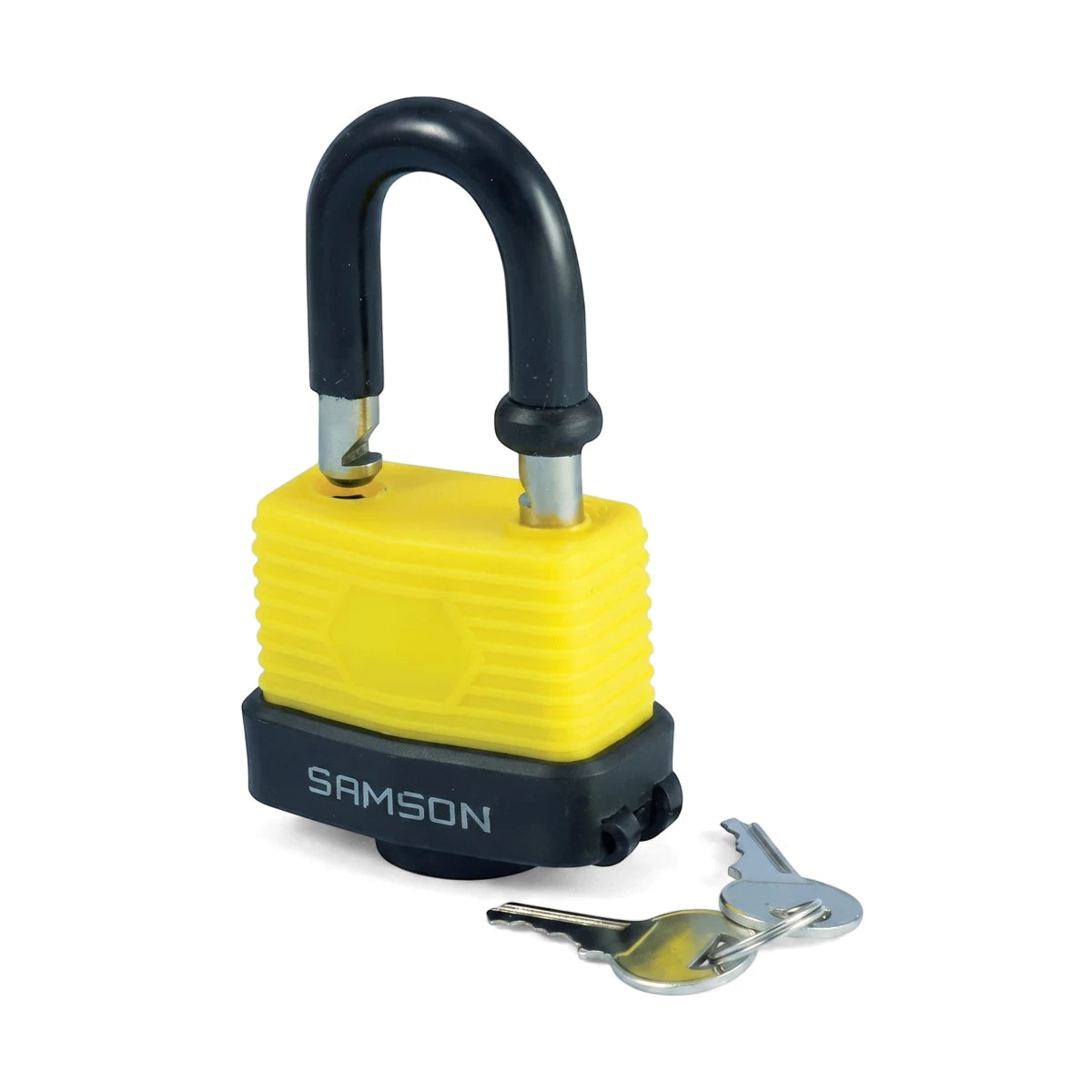 Samson 50mm weatherproof padlock with yellow and black body, black shackle, and two silver keys for security.