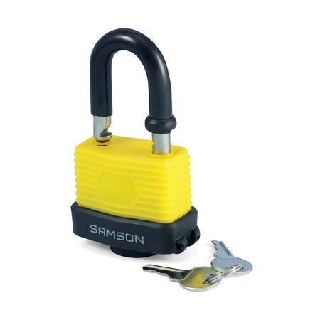 Samson 50mm weatherproof padlock with yellow and black body, black shackle, and two silver keys for security.