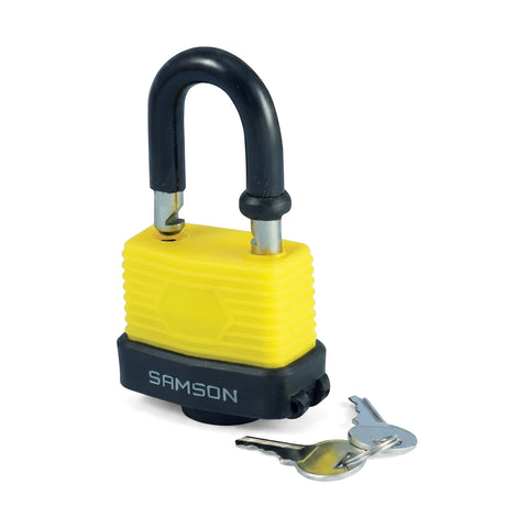 Samson 50mm weatherproof padlock with yellow and black body, black shackle, and two silver keys for security.